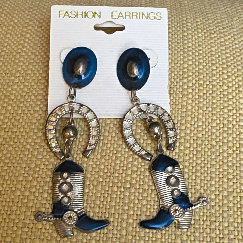 Western Horseshoe Boots Dangle/Drop Earrings Blue & Silver Tone Metal Butterfly